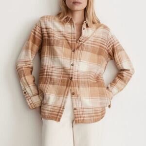 Madewell Slub Flannel Plaid Sunday Shirt Womens Medium Tan Cream Pockets Cotton